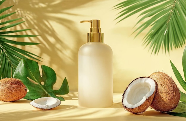 Botella de champú limpia hecha de vidrio blanco esmaltado con tapa dorada en fondo amarillo claro con cocos y hojas verdes Imitación para publicidad