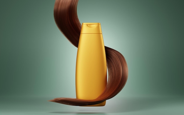 Foto botella de champú con mechones ondulados de cabello sobre fondo verde maqueta banner cosméticos tubo de belleza gel de queratina o suero de colágeno paquete vacío amarillo anuncio concepto de producto de reparación de cabello ilustración 3d