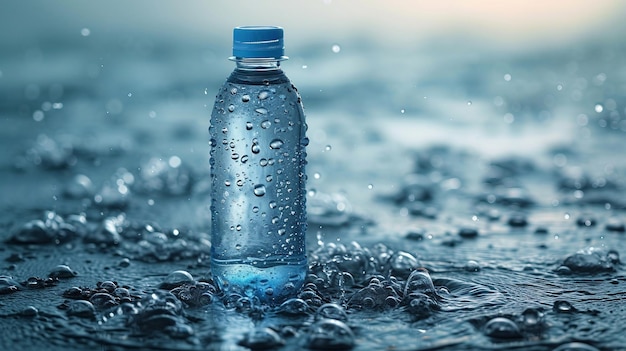 Una botella clara de agua con gotas que comunican frescura AI genera ilustración