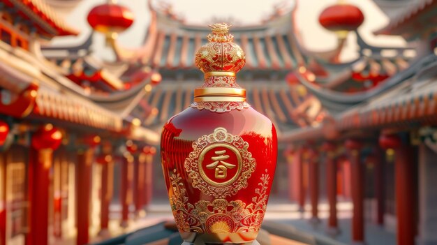 La botella se coloca frente a un fondo de techo chino y se muestra el texto: "Espíritu premium Baijiu Feliz año nuevo Siglos de tradición Espíritu premium Baijuquot tradicional"