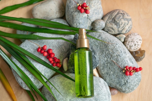 una botella de color verde con una botella de spray se encuentra sobre las piedras, junto a las hojas verdes y las bayas