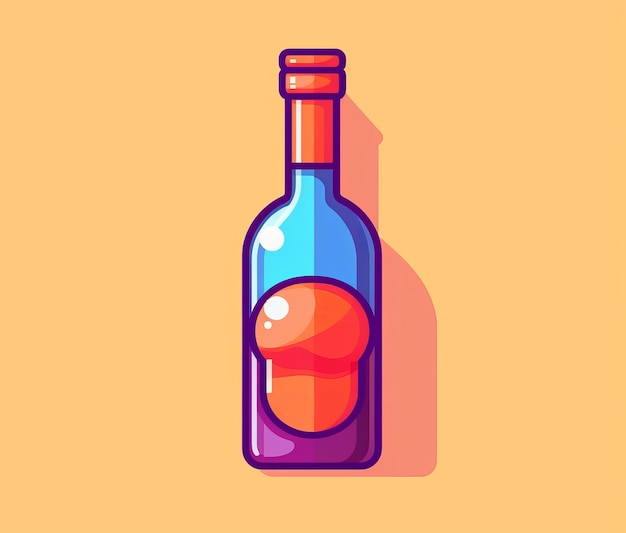 Una botella colorida de color naranja y azul con una etiqueta morada.