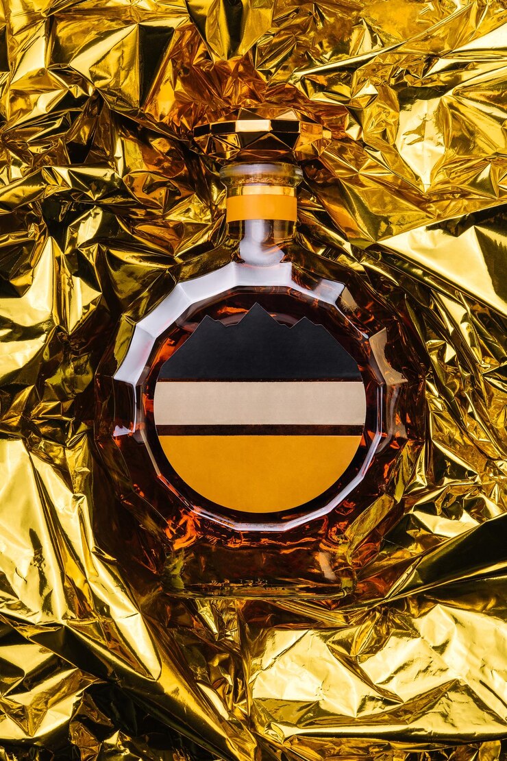 Botella de coñac en lámina de oro.