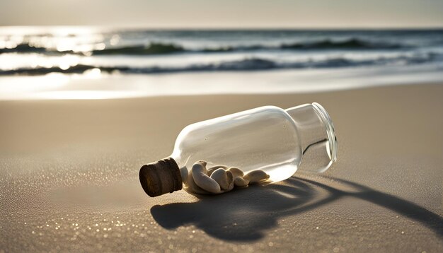 una botella de concha de mar se sienta en una playa con un mar en el fondo