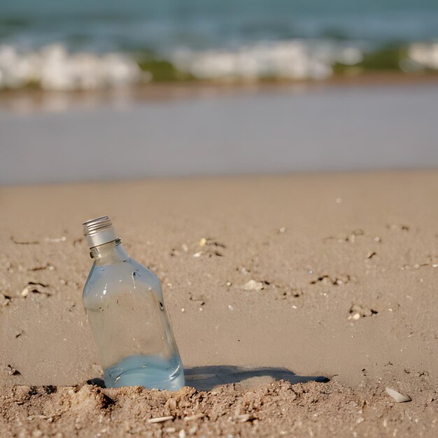 una botella de conchas marinas se sienta en la arena