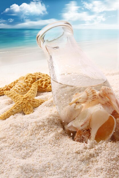 Foto botella con conchas en la playa