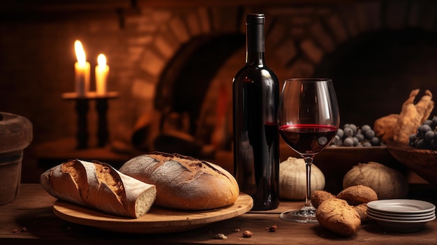 Foto una botella y una copa de vino y pan en una mesa de madera