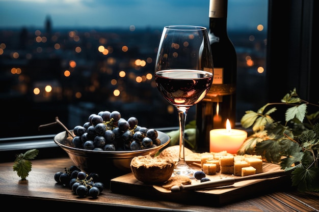 Botella y copa de vino tinto en mesa de madera con uvas y nueces