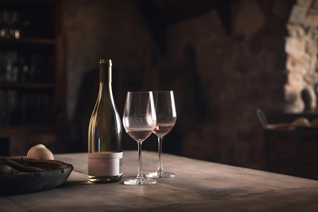 Botella y copas de vino blanco sobre una mesa de madera sobre un fondo oscuro de mampostería en la bodega