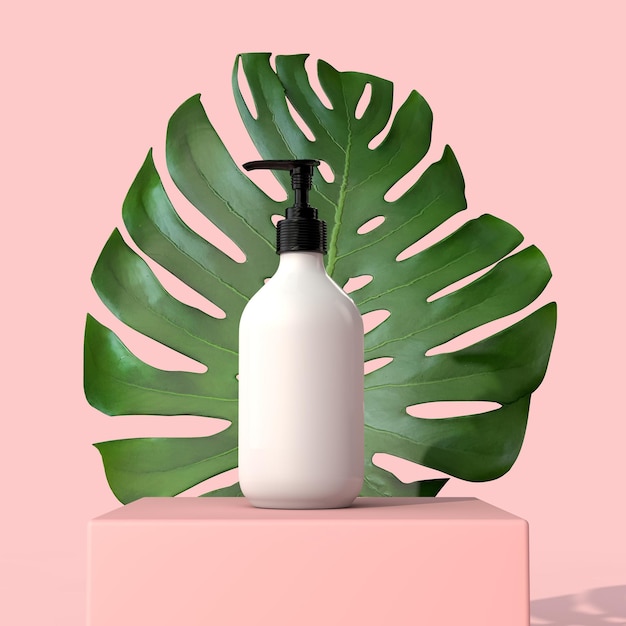 Botella cosmética blanca en blanco con una hoja tropical 3D Render