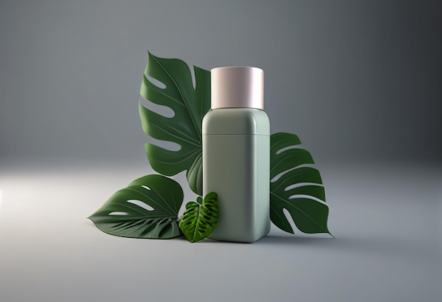 Botella cosmética con hojas verdes sobre un fondo gris 3D renderizado ai generativo