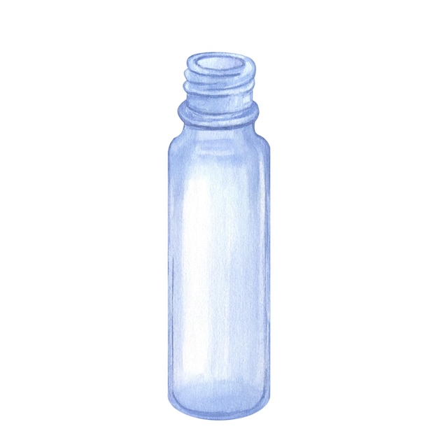 Botella cosmética de vidrio azul transparente vacía Mano dibujar ilustración acuarela aislada sobre fondo blanco Embalaje de productos de belleza para el cuidado de la piel