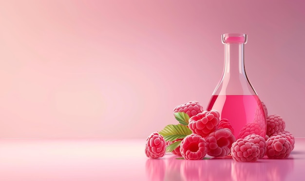 La botella de cosméticos de alto fondo de color rosa claro con frambuesas