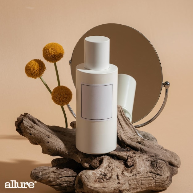 Botella de cosméticos blanca con espejo y flores amarillas