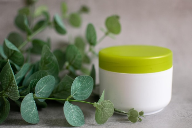 Botella de crema corporal Producto cosmético y de belleza Fondo con plantas verdes