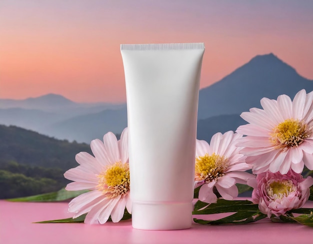Botella de crema para el cuerpo con etiqueta blanca sobre fondo rosa con flores Mockup