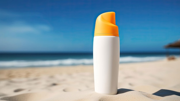 Botella de crema de protección solar en el concepto de colocación de productos de playa con tecnología Generative AI