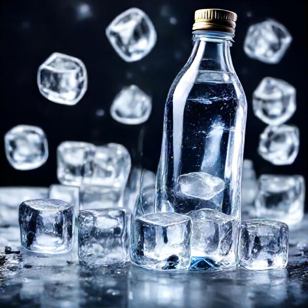 Foto una botella de cubos de hielo se sienta en una mesa con cubos de hielo