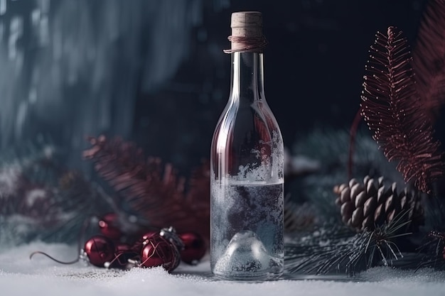 Botella con decoración navideña en la nieve Concepto de Navidad y Año Nuevo IA generativa