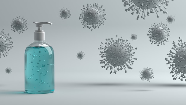 Botella de desinfectante turquesa rodeado de moléculas de coronavirus sobre un fondo gris