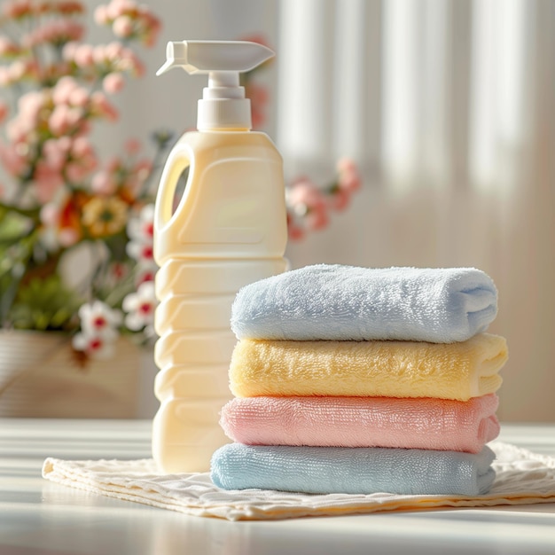 botella de detergente para la ropa al lado de una pila de cuatro toallas para bebés