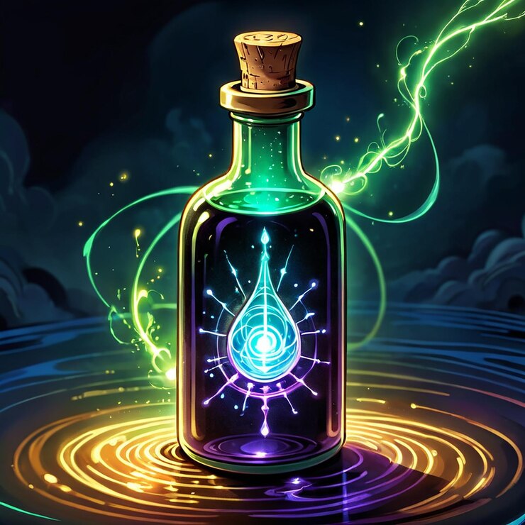Foto una botella de un diamante con un ojo verde y un círculo azul con una estrella verde en él