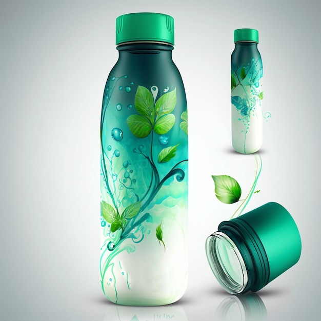 Una botella con un diseño de hojas verdes está al lado de una lata de agua.