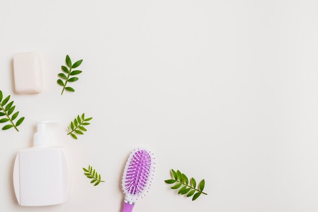 Foto botella dispensadora; jabón y cepillo para el pelo con hojas sobre fondo blanco