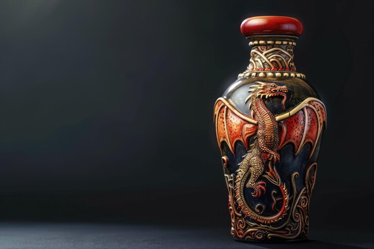 Foto una botella de dragón con un dragón en ella se sienta en un fondo negro