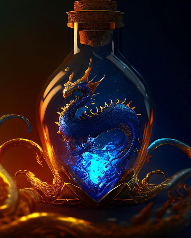 Foto una botella con un dragón que está etiquetada como la palabra dragón.