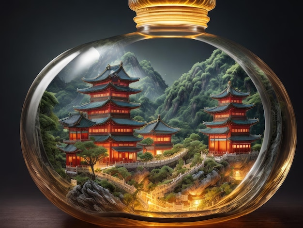 Una botella de edificios chinos se muestra con un brillo dorado.