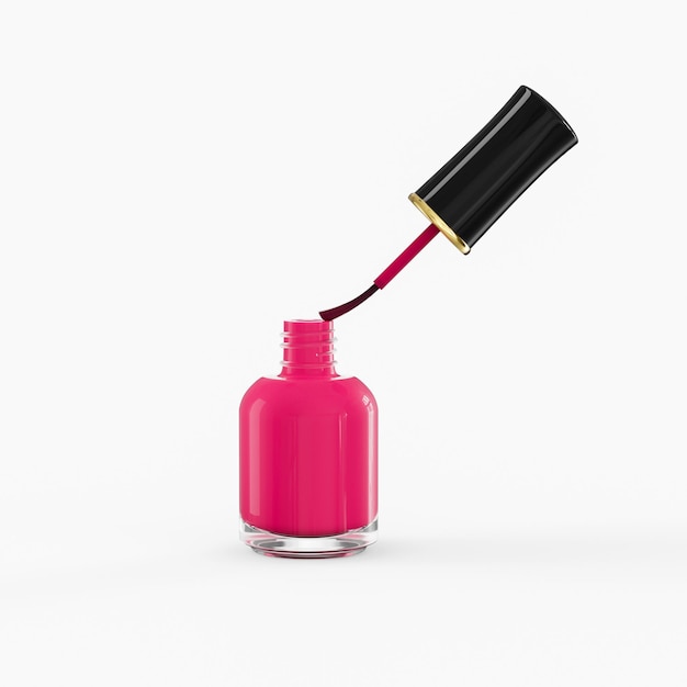 Botella de esmalte de uñas brillante rosa redonda con botella de esmalte de uñas de maqueta de embalaje de tapa negra en blanco