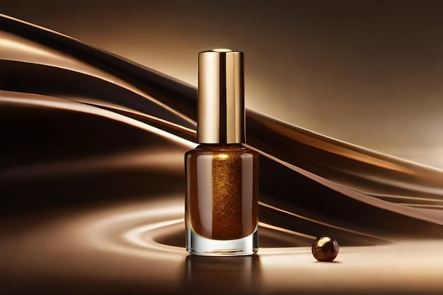 Botella de esmalte de uñas marrón con fondo de tonos dorados creada con tecnología generativa AI