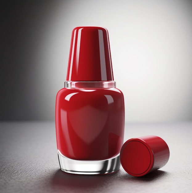 Una botella de esmalte de uñas rojo con una tapa roja en el lateral.