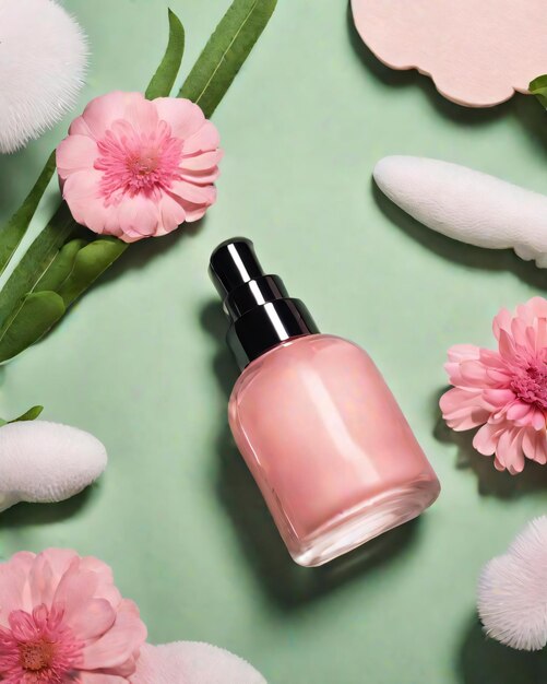 una botella de esmalte de uñas rosa se sienta en una superficie verde