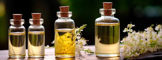 Foto botella de extracto de aceite esencial con flores frescas de acacia sobre un fondo de madera
