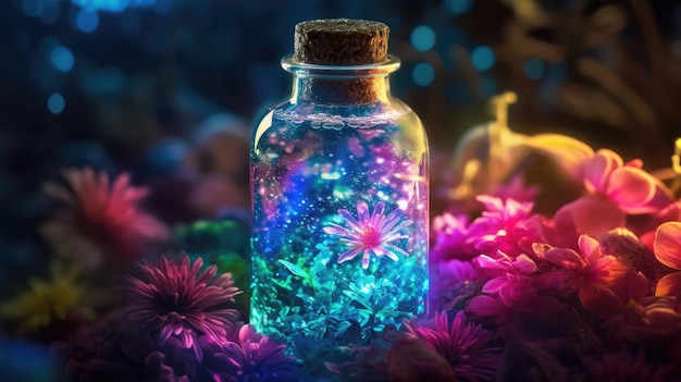 Una botella de flores con una luz azul en el interior.