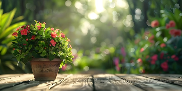 Botella de flores en una mesa de madera en el jardín Foco selectivo Ai Generado