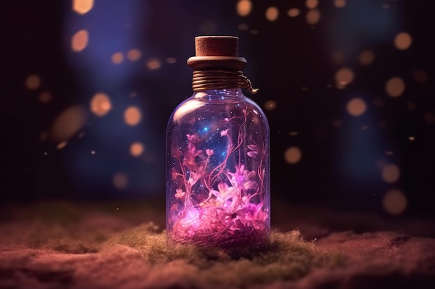 Una botella de flores moradas se sienta en un campo de hierba con una luz brillante en el fondo.