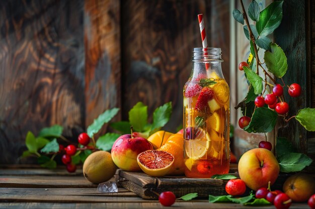 una botella de fruta se sienta al lado de una Botella de Limones y una Botella De Limones