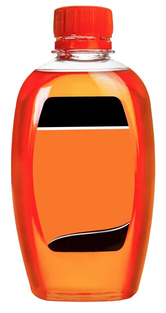 Botella de gasolina de leche de jugo grande con mango colorido líquido rojo amarillo azul sobre fondo blanco aislado