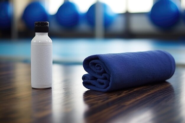 Botella de gimnasio y una toalla sobre una estera de yoga azul