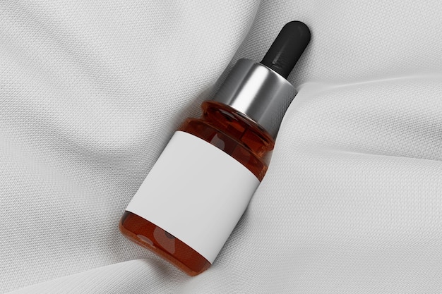 Botella de gotero ocular de aceite de CBD farmacéutico a base de hierbas con espacio libre para su diseño en tela blanca Rendering 3D
