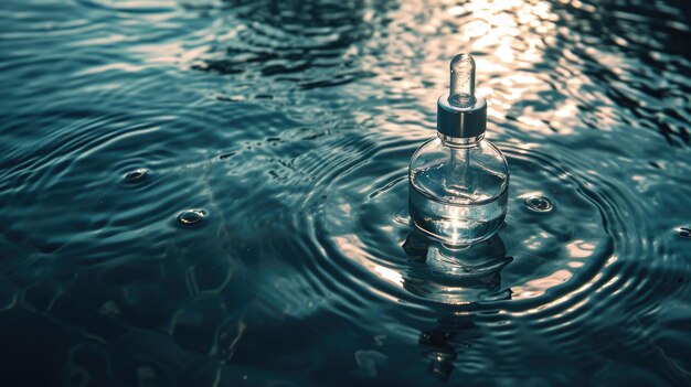 Botella de gotero sumergida en agua con ondas a su alrededor que reflejan la luz