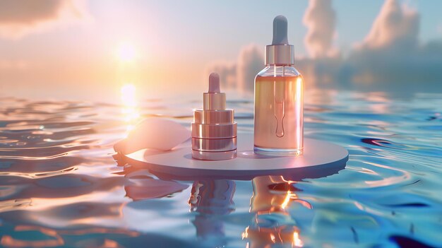 Foto botella de gotero de vidrio flotante y frasco de vidrio anuncio para productos de reparación de la piel facial agua rodeada de sol y frasko de vidrio