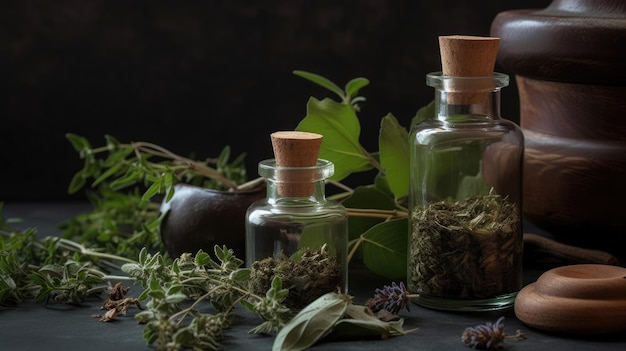 Una botella de hierbas con una tapa de madera que dice 'herbal'