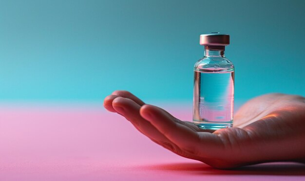 Botella de inyección médica en mano con fondo azul y rosa