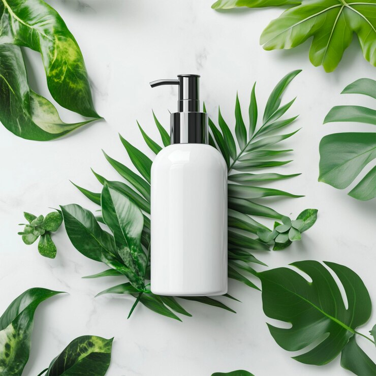 una botella de jabón blanco con hojas verdes y una botella blanca de perfume blanco