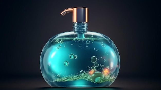 Una botella de jabón con una bomba azul en la parte inferior generativa ai