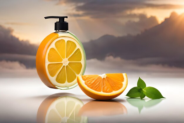 Una botella de jabón de naranja con una rodaja de naranja al lado